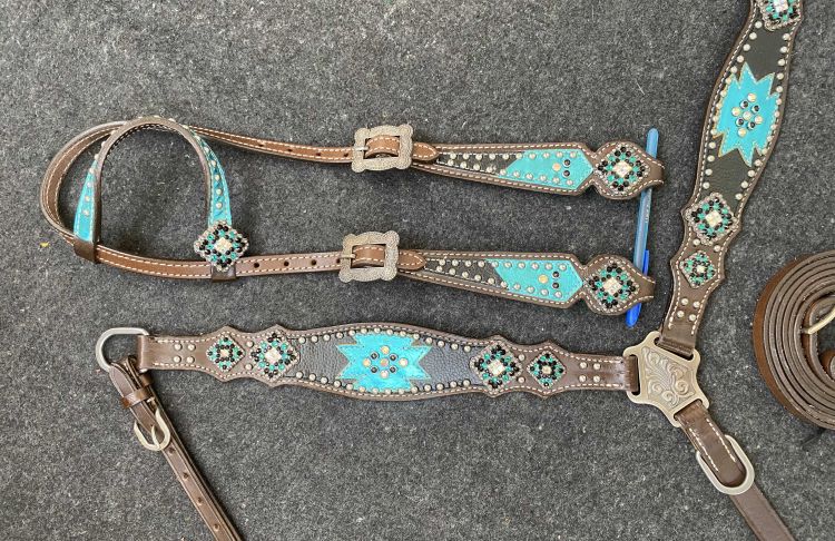 Teal southwest inlay with chocolate accents tack set