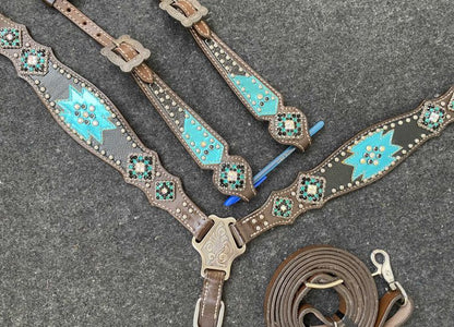 Teal southwest inlay with chocolate accents tack set