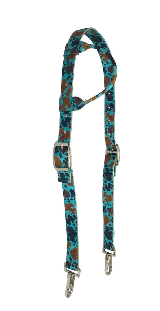 Teal Cow Print One Ear Nylon Headstall