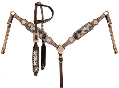 Black & White speckled hair on cowhide inlay Single Ear Headstall and Breast Collar Set