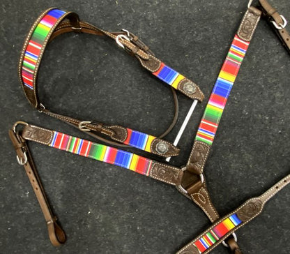 Rainbow print serape browband headstall tack set