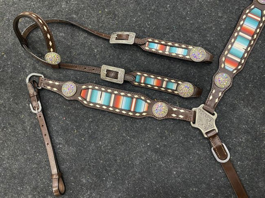 Serape Southwest Print One Ear Headstall and Breastcollar Set with bling conchos