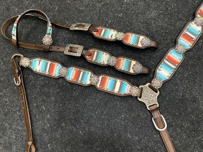 Serape Southwest Print dark oil leather One Ear tack set