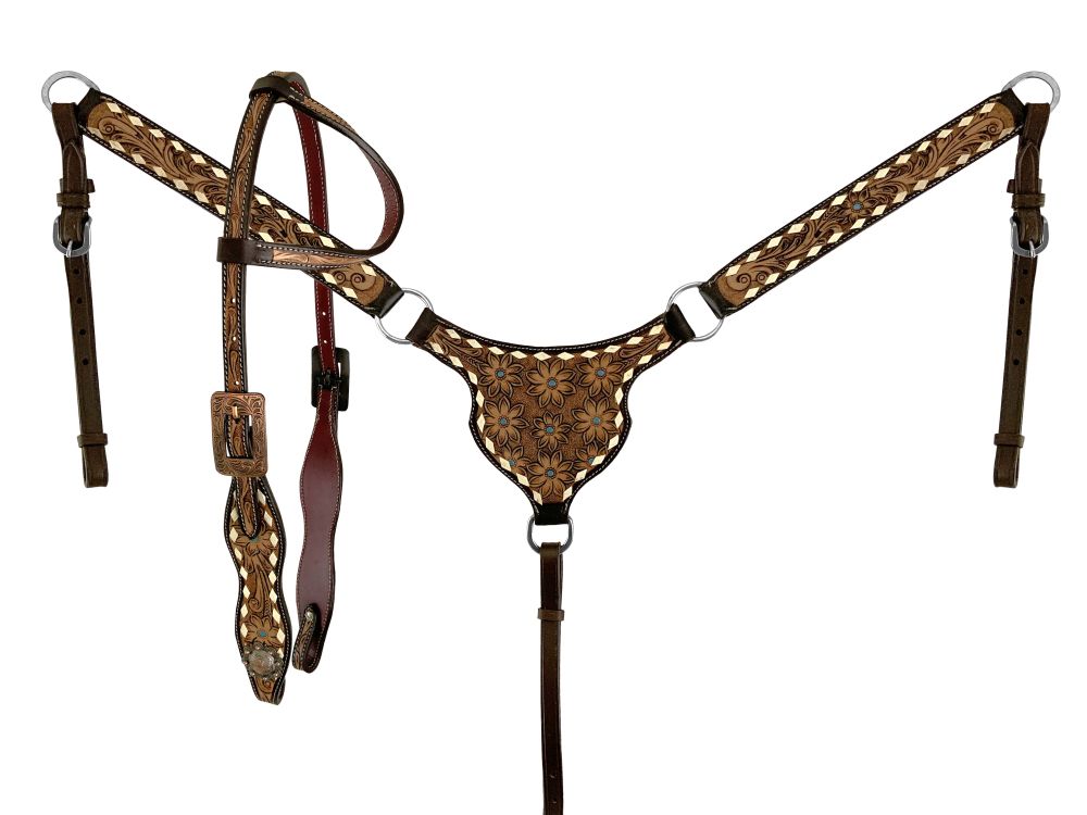 Flower Buckstitch One Ear Headstall and Breast Collar Set