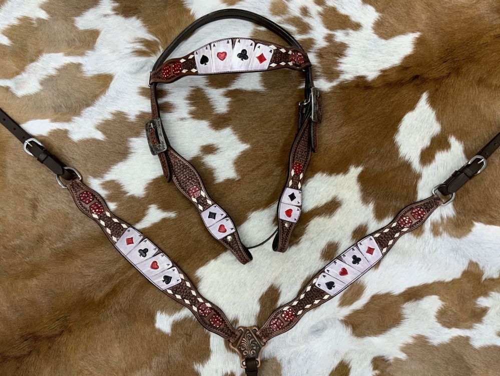 Rider's Luck Tooled Leather Browband Headstall and Breast Collar Set