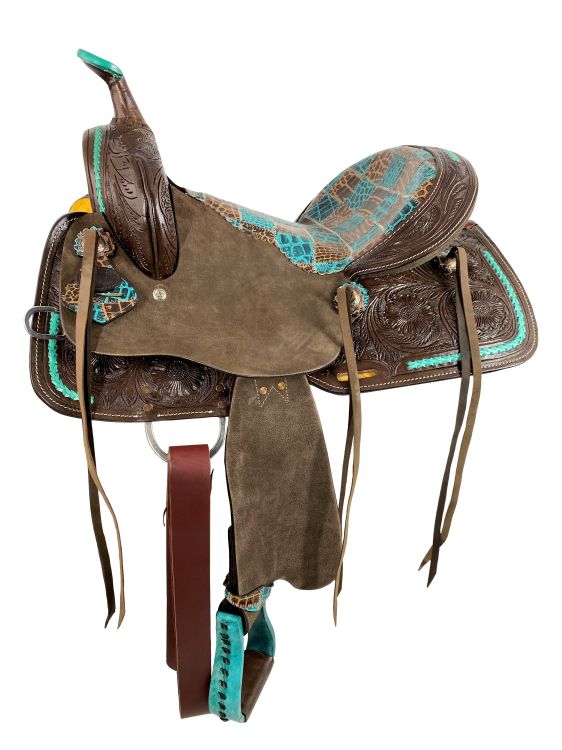 15 in teal gator patchwork barrel saddle