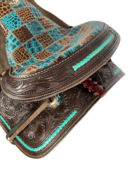 15 in teal gator patchwork barrel saddle