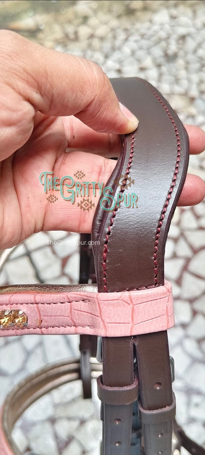 READY TO SHIP- Blush Pink gator English bridle with reins