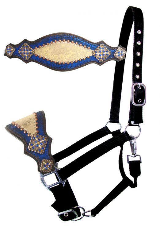 Nylon bronc halter with royal blue and gold metallic inlay