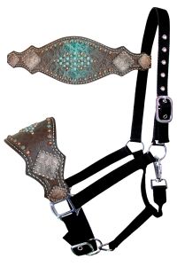 Nylon bronc halter with brown/turquoise gator skin noseband