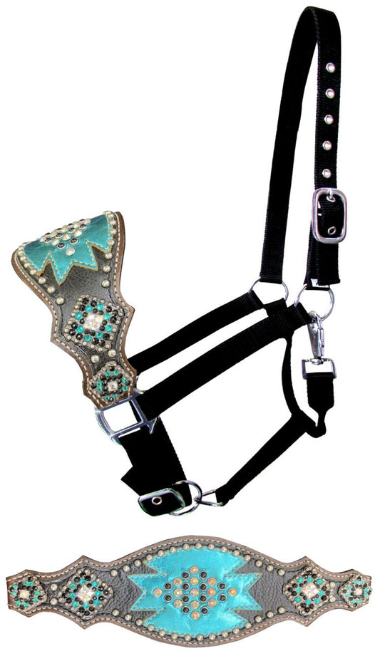 Nylon bronc halter with gray leather noseband & teal accents and bling conchos