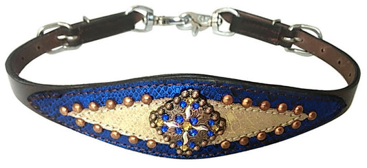 Gold Metallic & royal blue wither strap with concho and copper beading