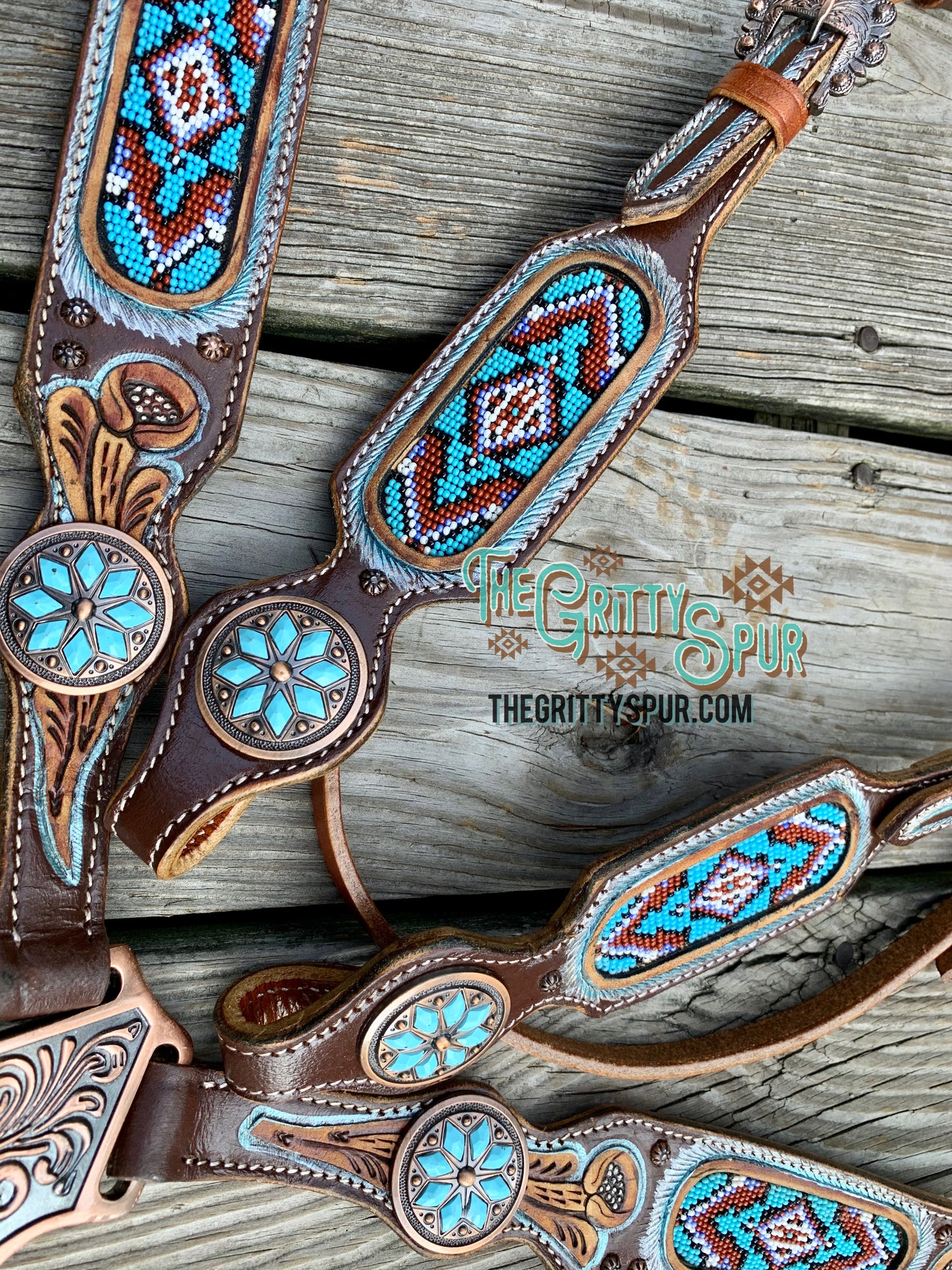 Light Blue Beaded Headstall and Breast Collar Set