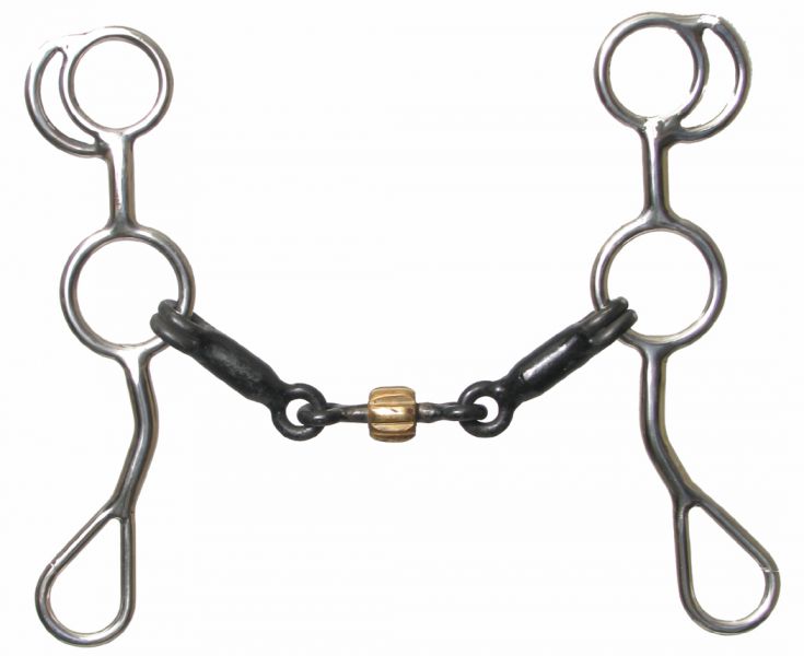 stainless steel training snaffle bit with 5" sweet iron 3 piece snaffle with a center dog bone and copper roller