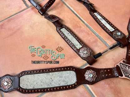 Black & White speckled hair on cowhide inlay Single Ear Headstall and Breast Collar Set