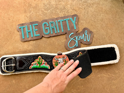 READY TO SHIP- Painted Bullskull and Cactus Leather Girth