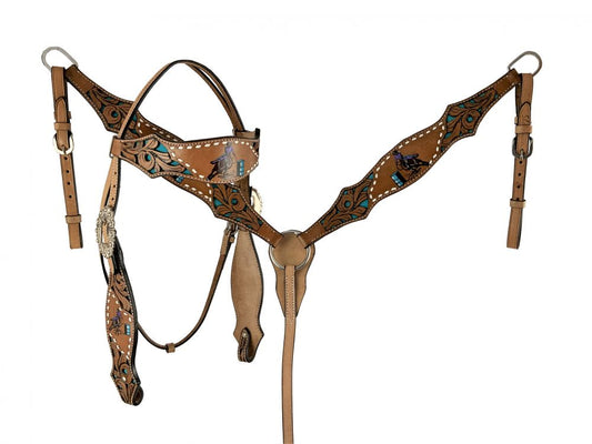 Hand painted barrel racer design headstall and breast collar set with conchos