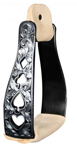 Black Aluminum Stirrups with Silver Engraving and Cut Out Poker Suit Designs