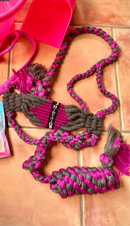 Pink and Gray Nylon Mule Tape Halter with Mohair Noseband