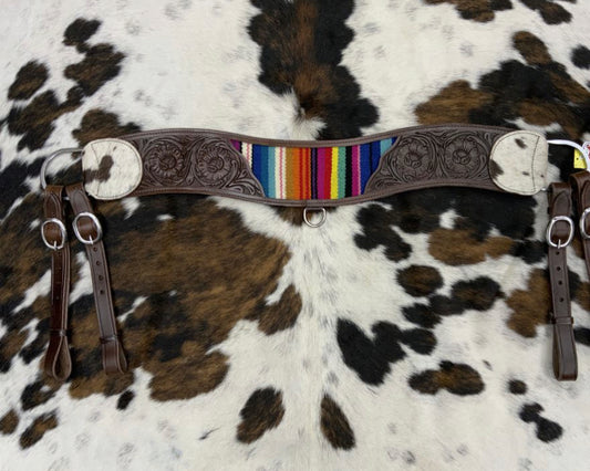 Tooled Dark Leather Tripping Collar with Wool Serape Saddle Blanket Inlay