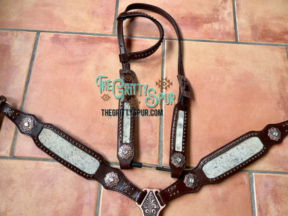 Black & White speckled hair on cowhide inlay Single Ear Headstall and Breast Collar Set