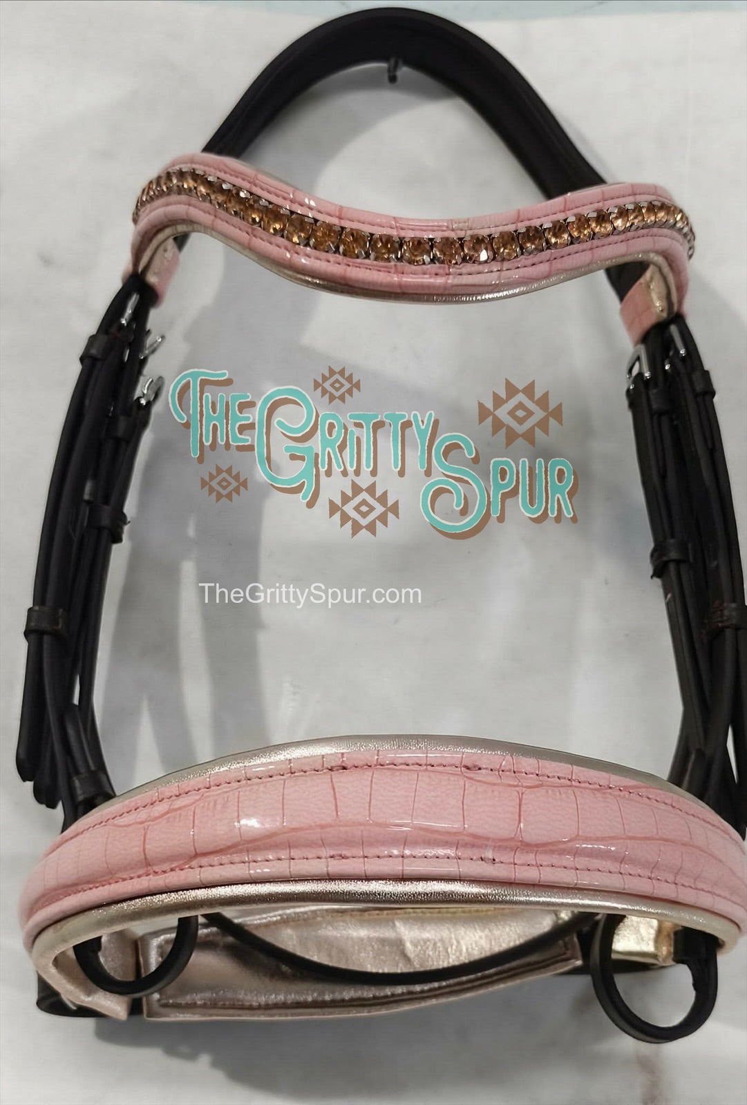 READY TO SHIP- Blush Pink gator English bridle with reins