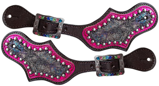 Ladies Rainbow Metallic spur straps with silver beading and pink metallic accent