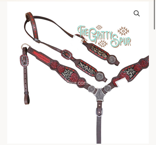 READY TO SHIP- Red Rose with Cheetah inlay tack set
