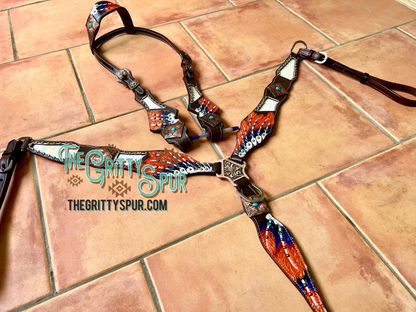 READY TO SHIP- Feather tack set with white gator inlay