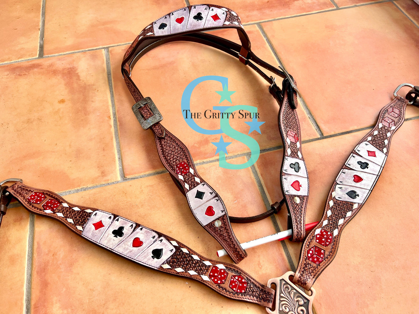 Rider's Luck Tooled Leather Browband Headstall and Breast Collar Set