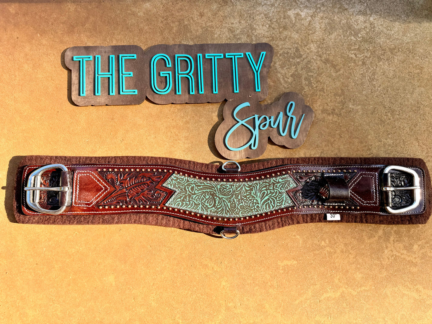 READY TO SHIP- Teal filigree leather girth