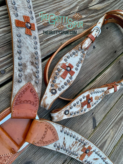 Hair on cowhide cross tack set