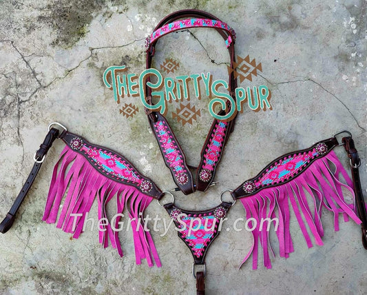 BROWBAND- Pink Aztec tack set with pink fringe