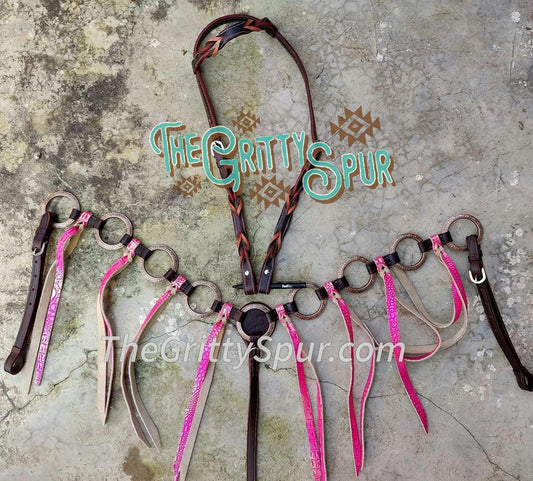 PRE ORDER- Pink GATOR fringe ring design tack set with braided headstall