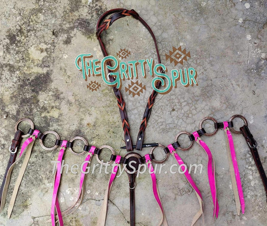 PRE ORDER- Pink fringe ring design tack set with braided headstall