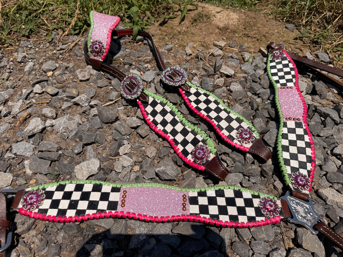 READY TO SHIP- pink and lime checker with glitter tack set (minor imperfections!)