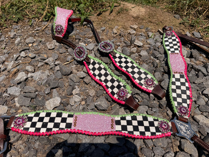 READY TO SHIP- pink and lime checker with glitter tack set (minor imperfections!)