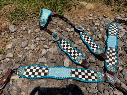 READY TO SHIP- turquoise checker with glitter tack set (minor imperfections!)
