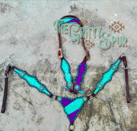 PRE ORDER- Teal Flower and Purple Glitter Tack Set