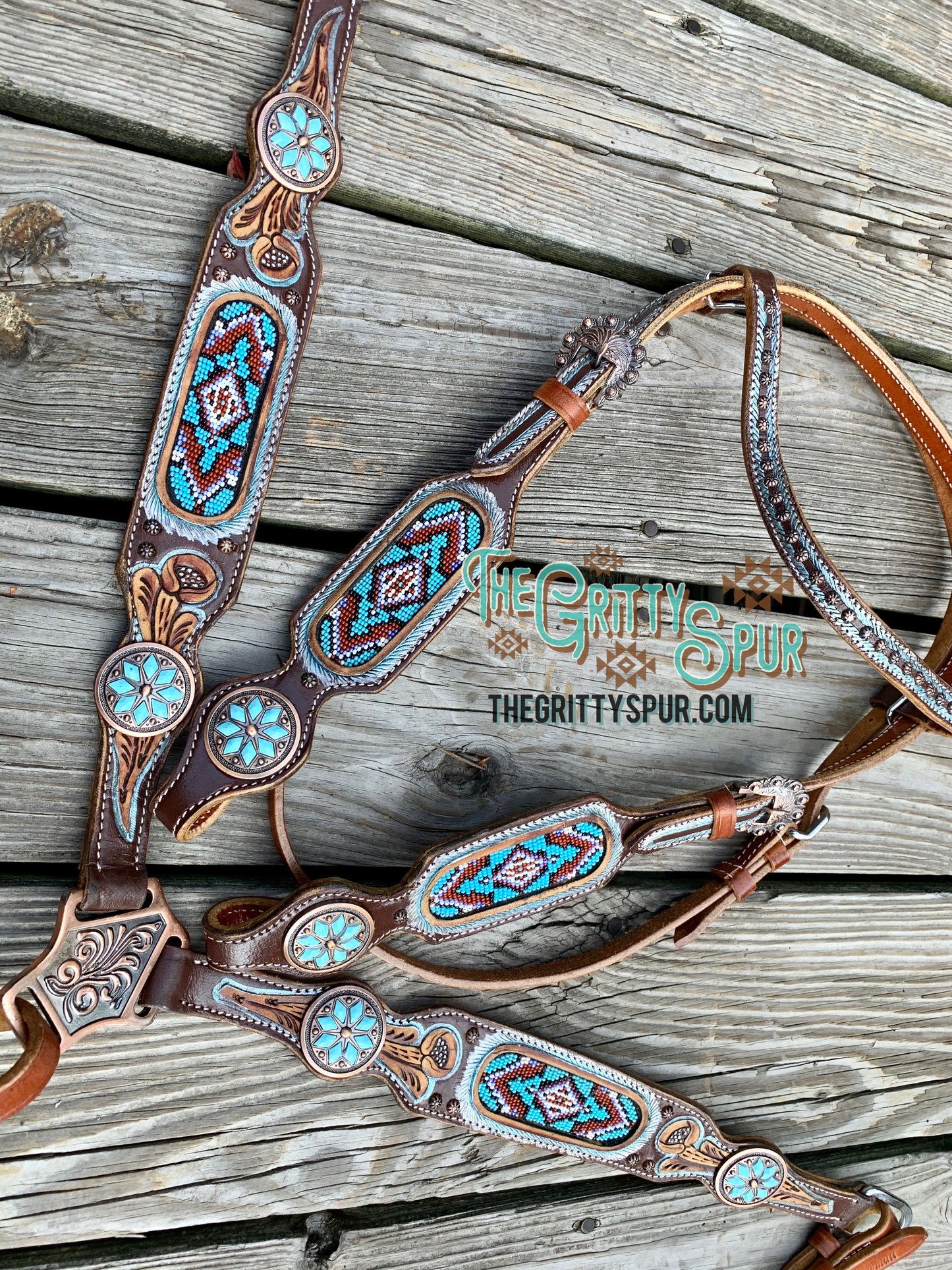 Light Blue Beaded Headstall and Breast Collar Set