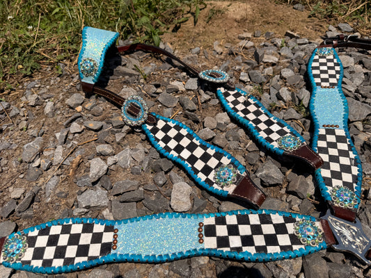READY TO SHIP- turquoise checker with glitter tack set (minor imperfections!)
