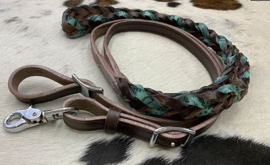 Miracle Braid dark oil leather contest/roping rein with buckles