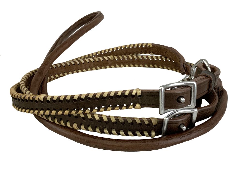 Brown Leather Rawhide Whip Stitch Roping Reins