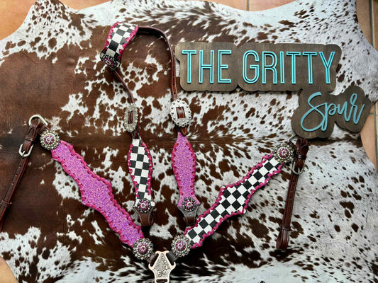 READY TO SHIP- Checker with pink glitter tack set