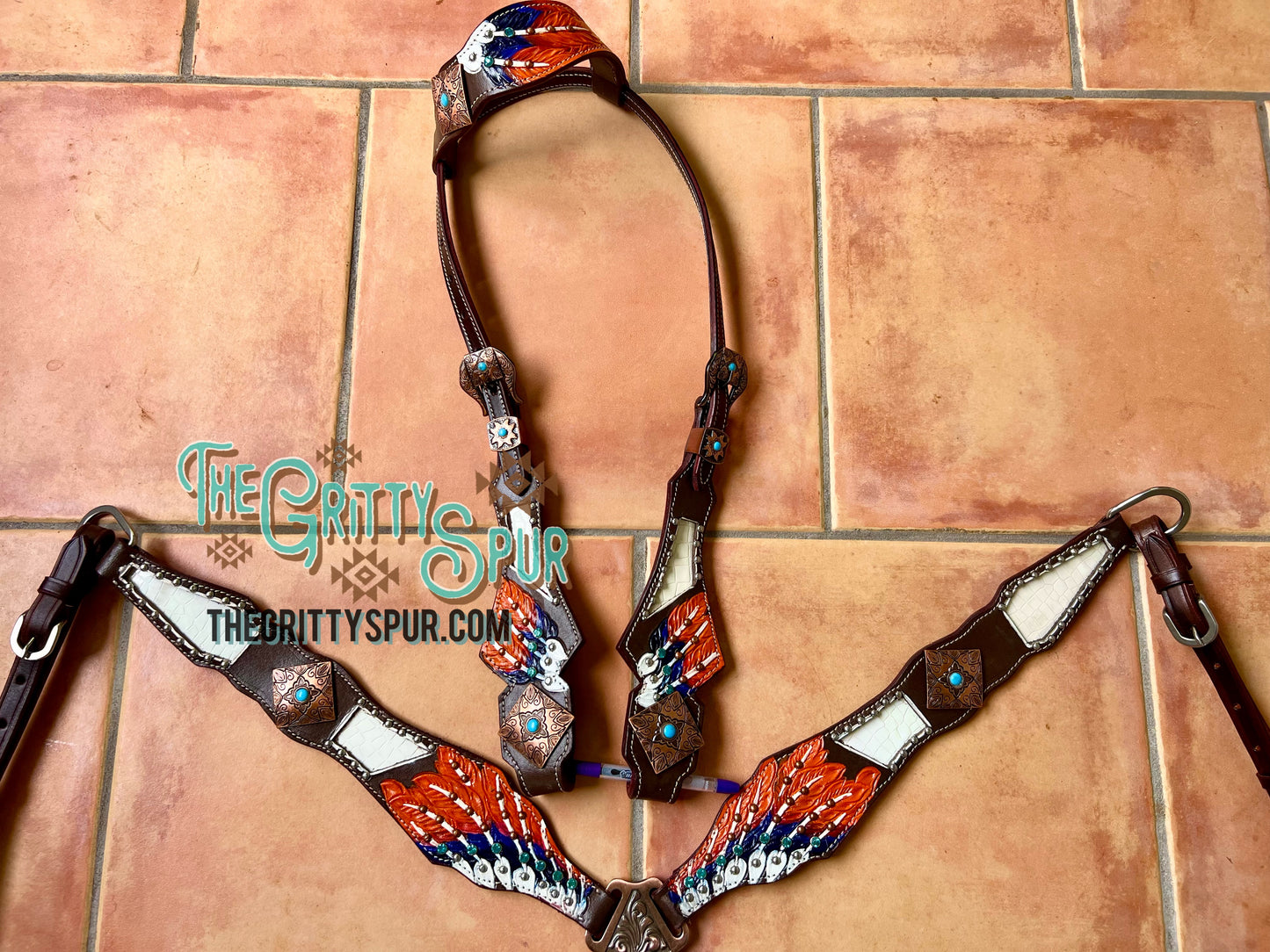 READY TO SHIP- Feather tack set with white gator inlay