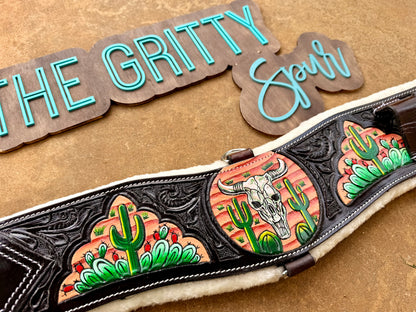 READY TO SHIP- Painted Bullskull and Cactus Leather Girth