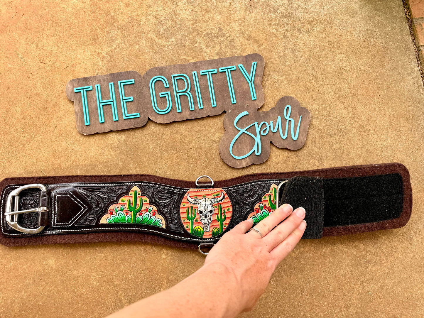 READY TO SHIP- Painted Bullskull and Cactus Leather Girth