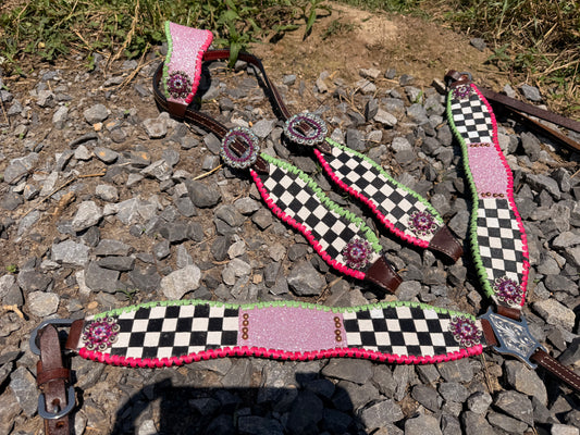 READY TO SHIP- pink and lime checker with glitter tack set (minor imperfections!)