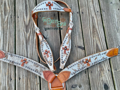 Hair on cowhide cross tack set