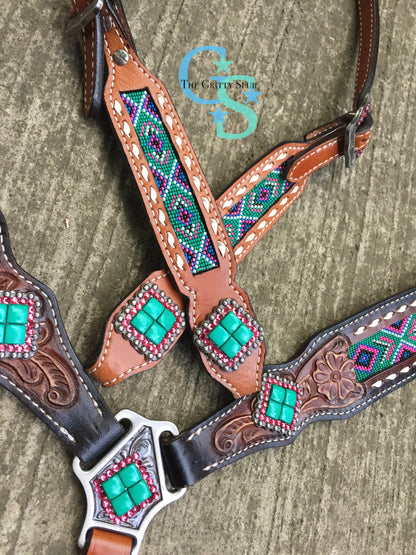 Beaded inlay pink and teal one ear tack set